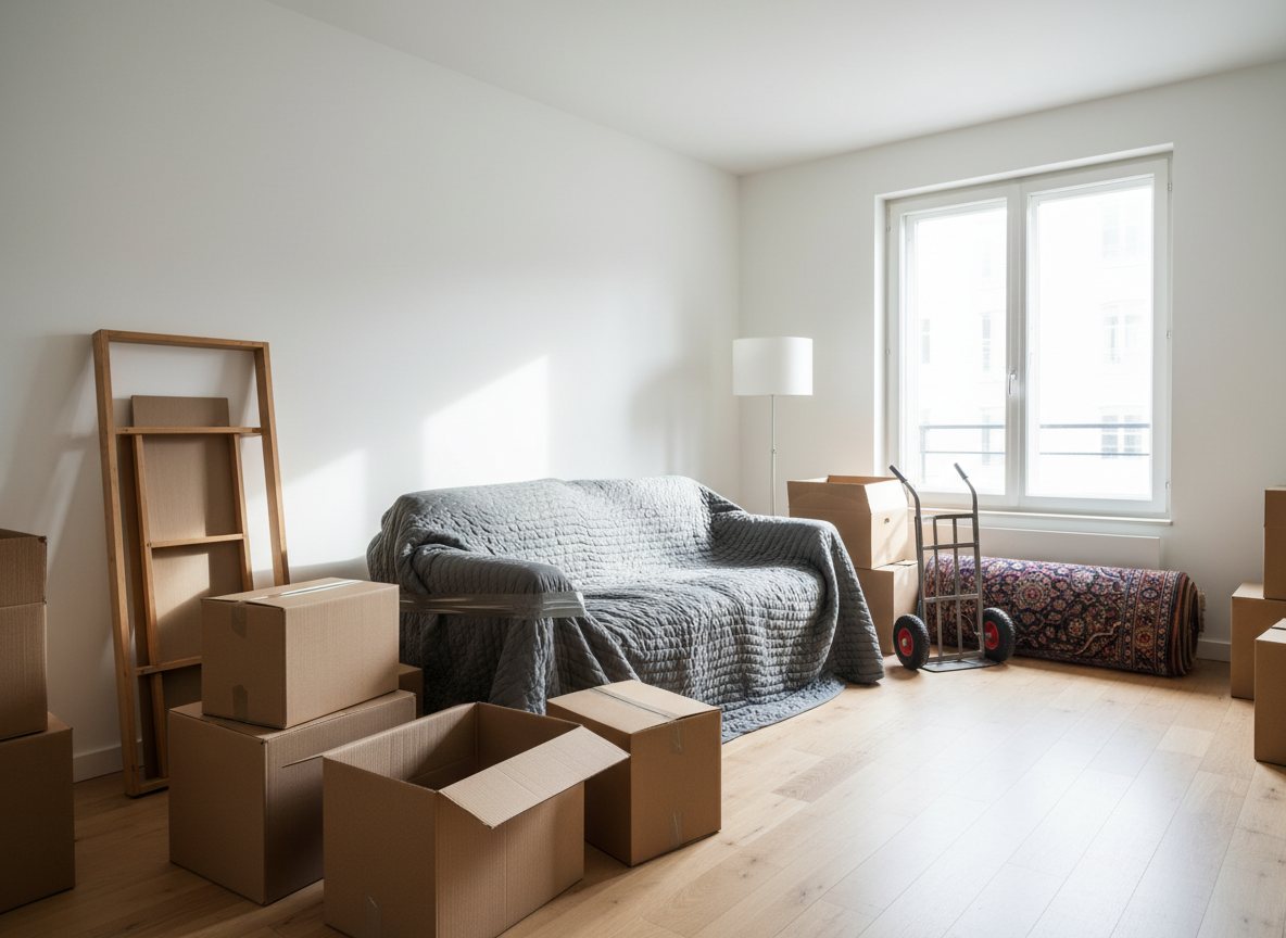 Room with packed moving boxes