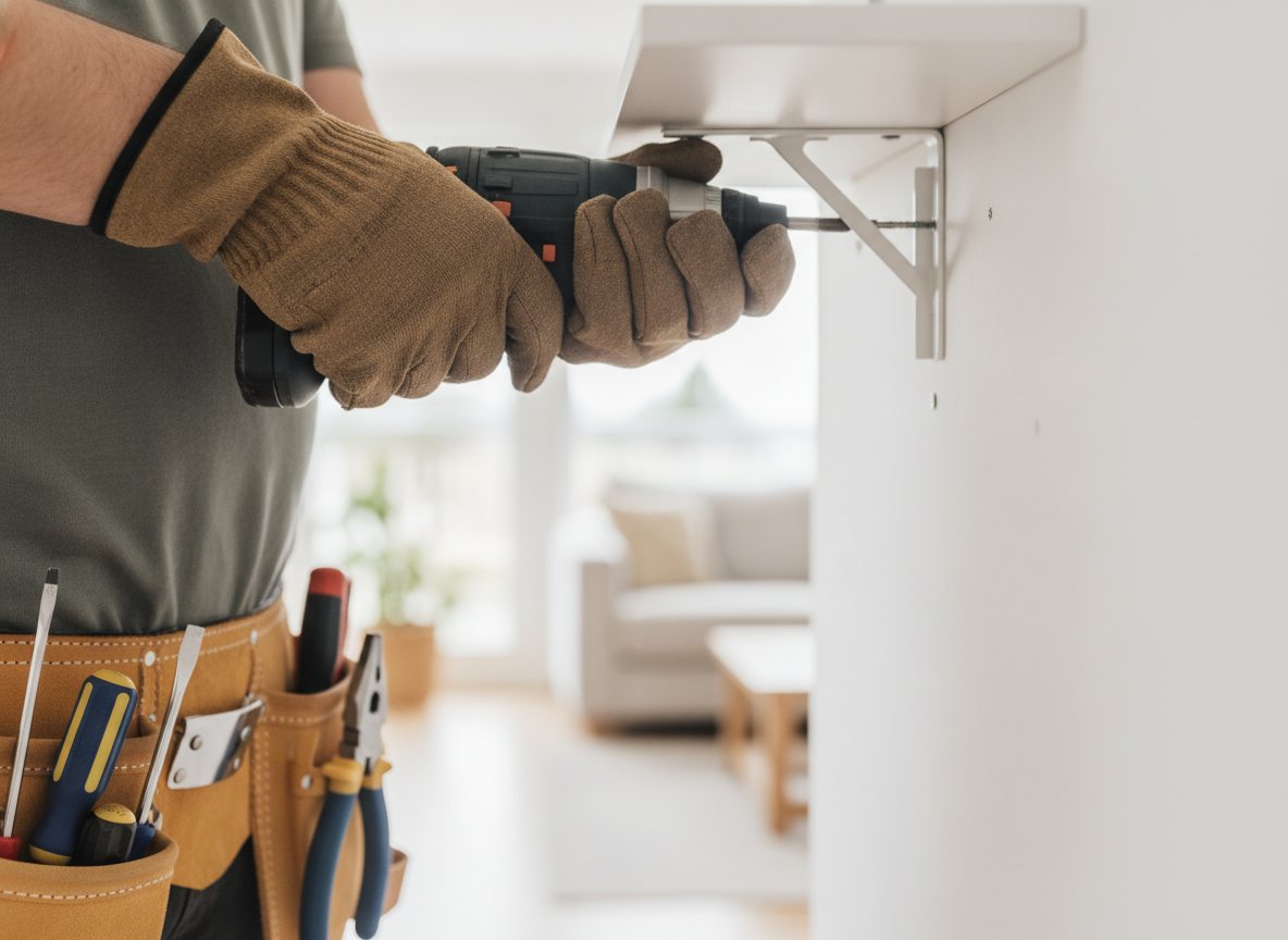 Handyman mounting a wall shelf with a cordless drill